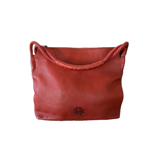 Tory Burch Leather Shoulder Bag Womens Red Braided Handle Hobo Pebbled Logo Zip - Picture 1 of 12
